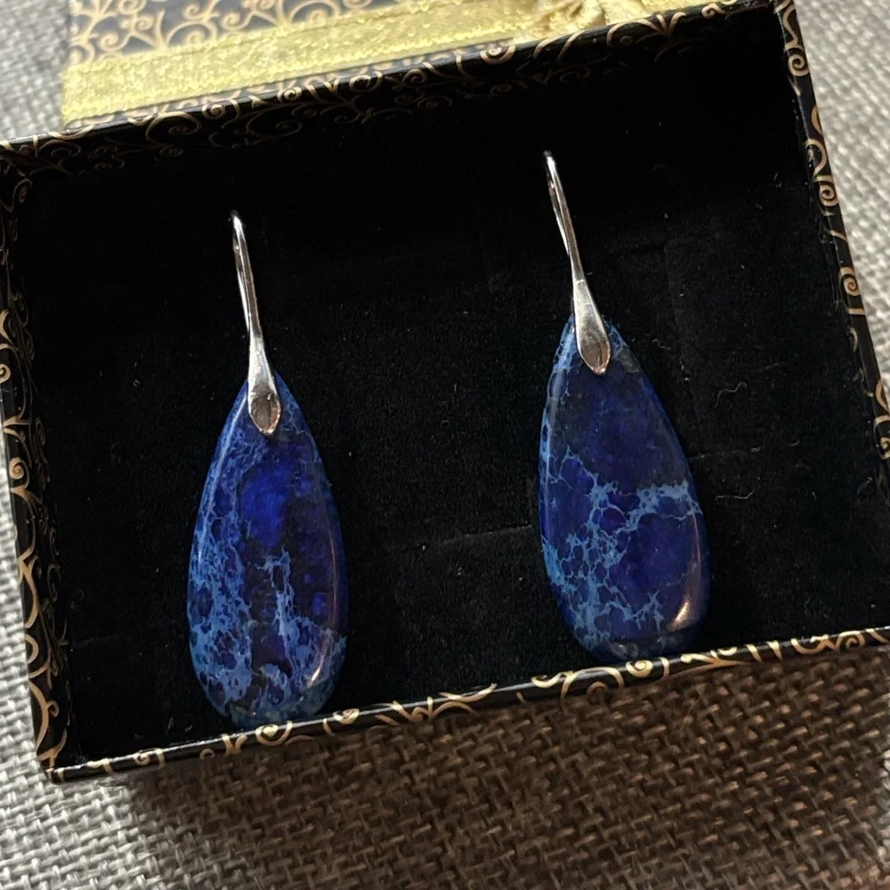 Blue Jasper Natural Gemstone Pendant Teardrop Earrings Silver Handmade Healing
